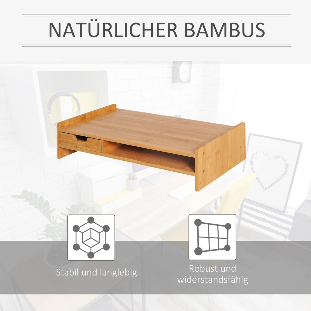 Supporto per monitor, supporto per schermo, organizer da scrivania con cassetti in finitura naturale, 49x25,5x11,5 cm, per l'organizzazione della