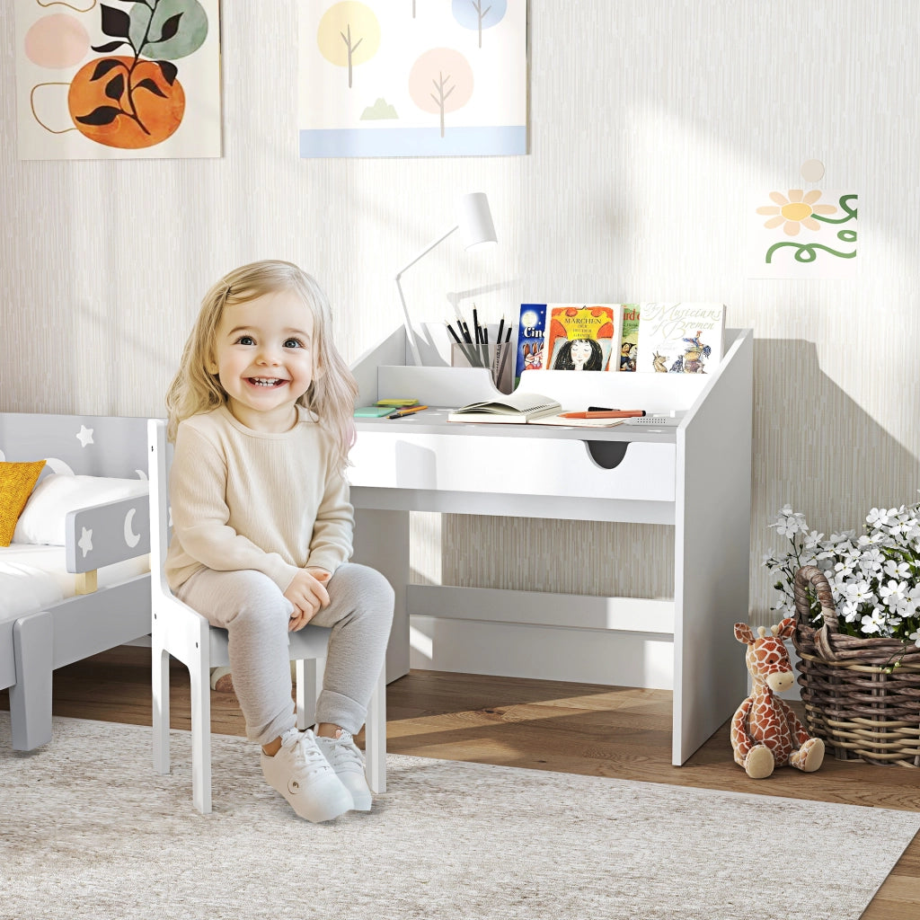 Set Sedia e Tavolino Bambini ¨C Xylo ¨C Legno Grigio con Cassetto Organizzatore 3-6 Anni