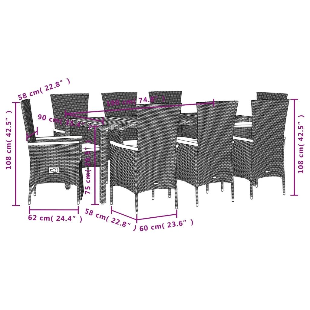 Set da Pranzo da Giardino 7 pz Nero con Cuscini in Polyrattan
