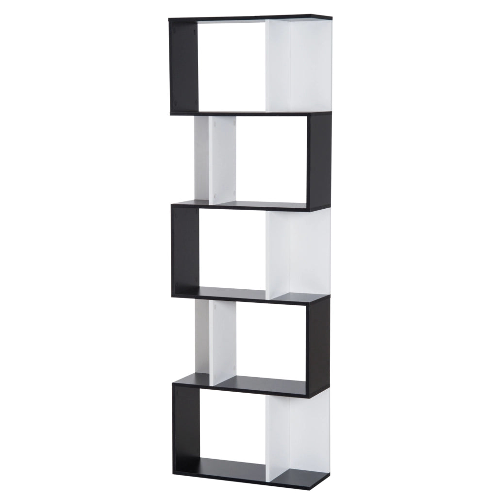 Mobile Libreria in Legno a 5 Ripiani con Divisorio. 60x24x184.5 cm. Bianco e Nero