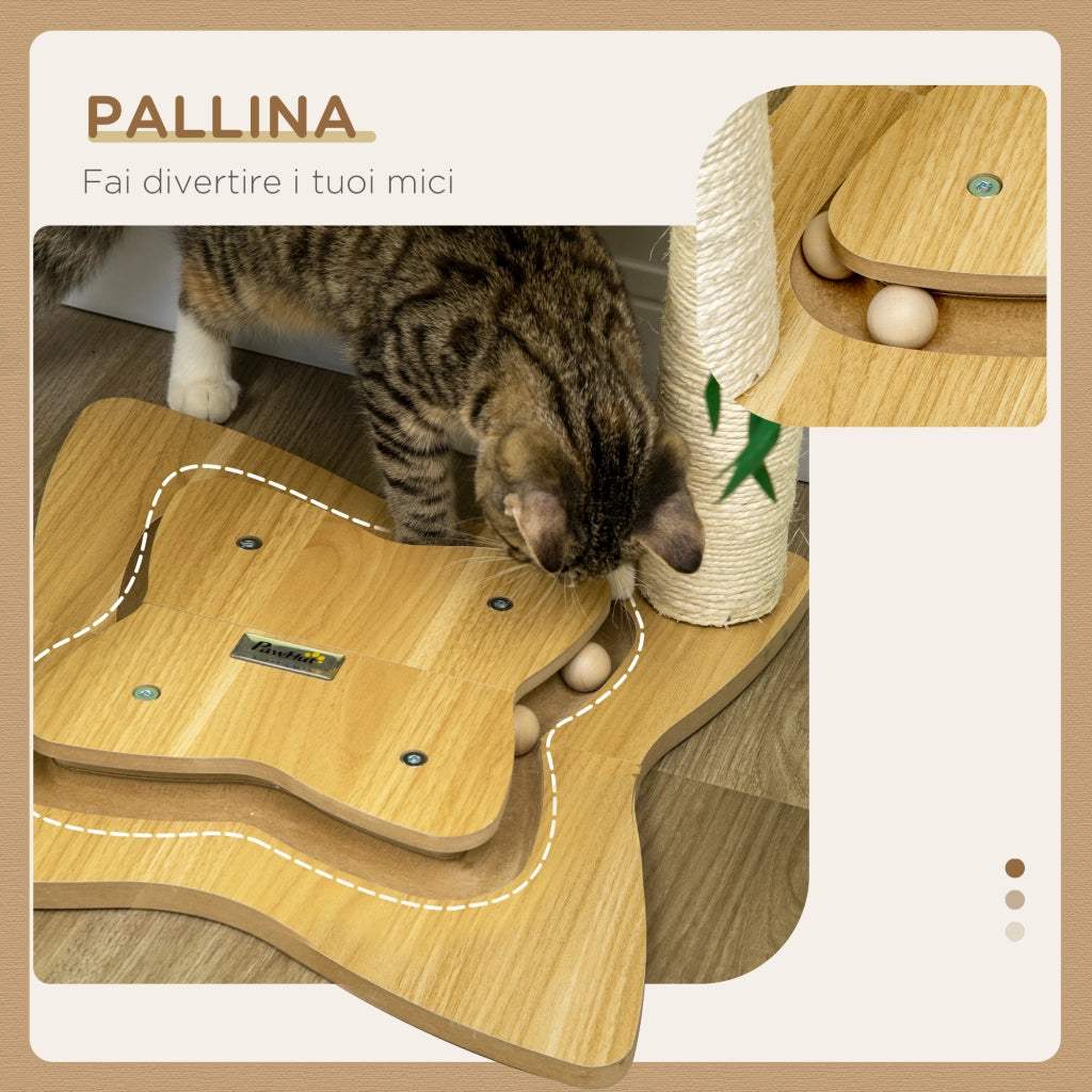Tiragraffi per Gatti con Amaca, Palline e Pali in Sisal ¨C Minimal ¨C Beige, 53.5x53.5x90 cm
