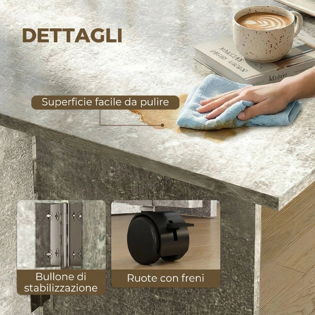 Tavolo da Pranzo Pieghevole con Ripiani, Ribalta e Ruote, Grigio Cemento