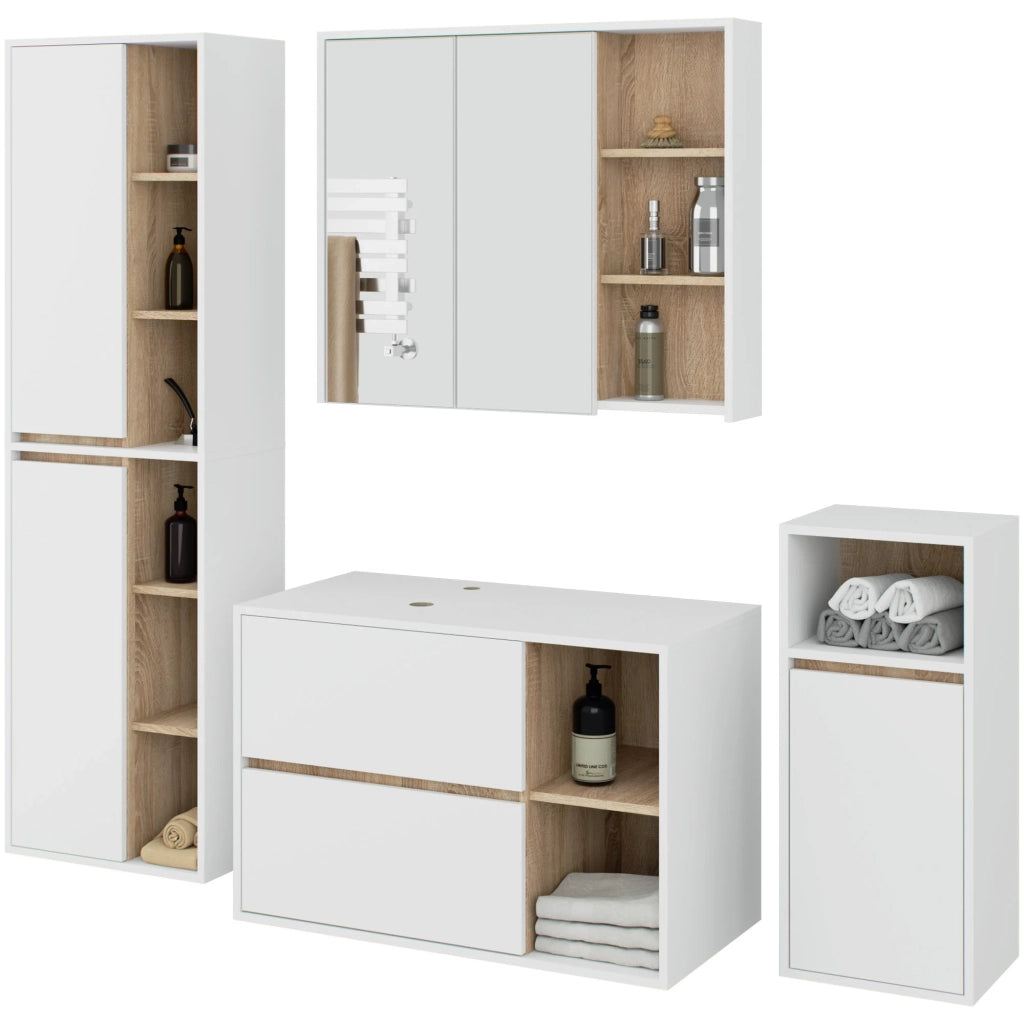 Set di mobili da bagno sospesi VAMI in Bianco con interno Quercia Sonoma con fori per lavabo da appoggio