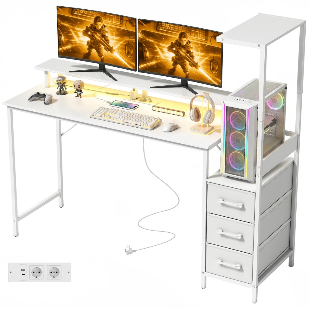 Scrivania Gaming con LED RGB - Xylo - Bianco 147cm Supporto Monitor 3 Cassetti USB Porta Computer