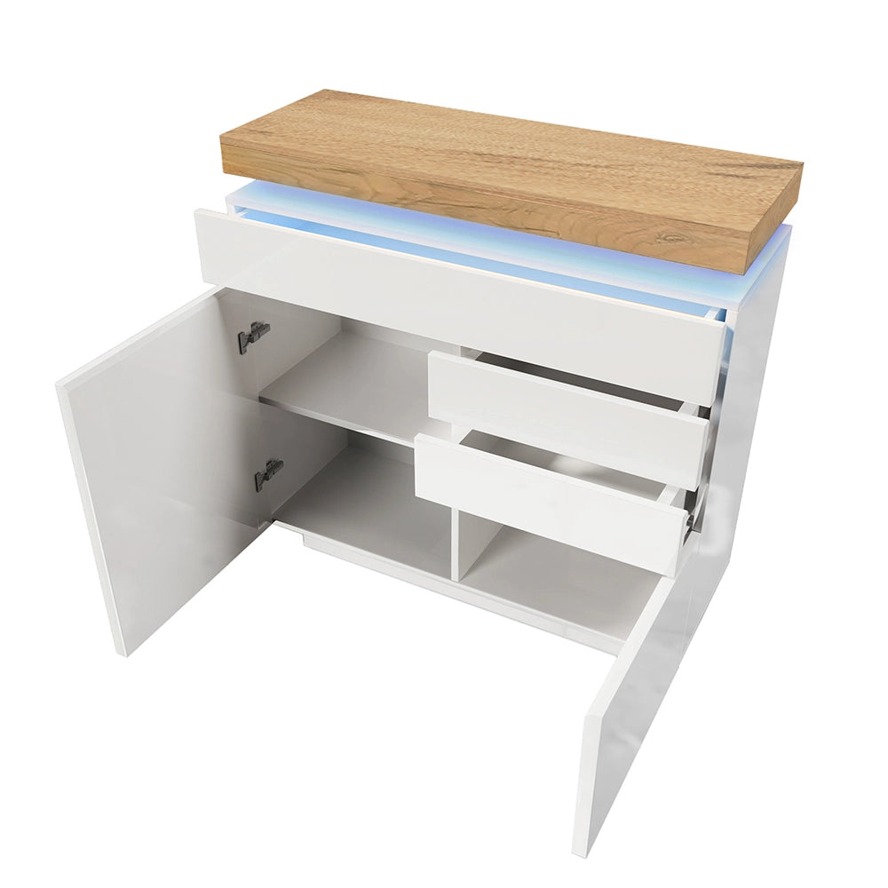 Buffet a specchio con 2 ante e 3 cassetti - Xylo - 115x110x39 cm - Bianco - Illuminazione LED (controllo app)