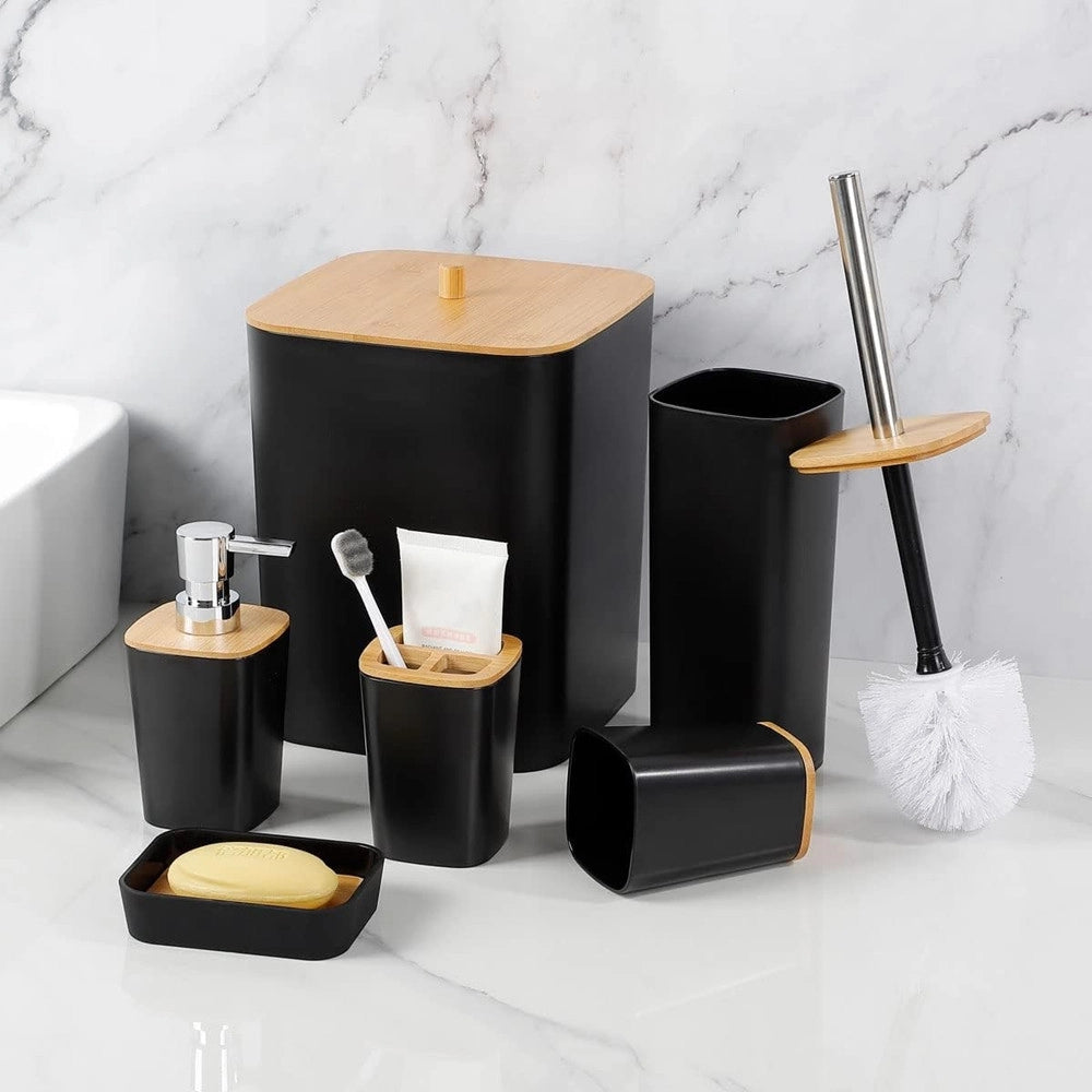 Trade Shop - Set Accessori Bagno In Bambù 6 Pz Moderno Bidone Spazzatura Portasapone Dispenser - Nero