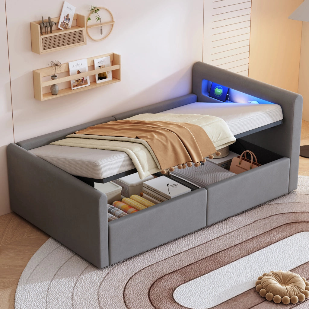 LETTO imbottito 90x200 cm in velluto grigio con LED, USB e contenitore idraulico