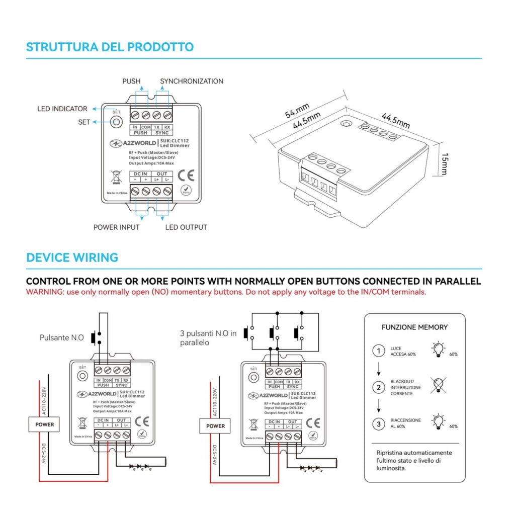 Led Dimmer Push Pulsante+RF, Master Slave, Memoria e Sincronizzabile, 5V 12V 24V 10A, Sostituzione CL9111 CL9115, Compatibile Con CLC101R