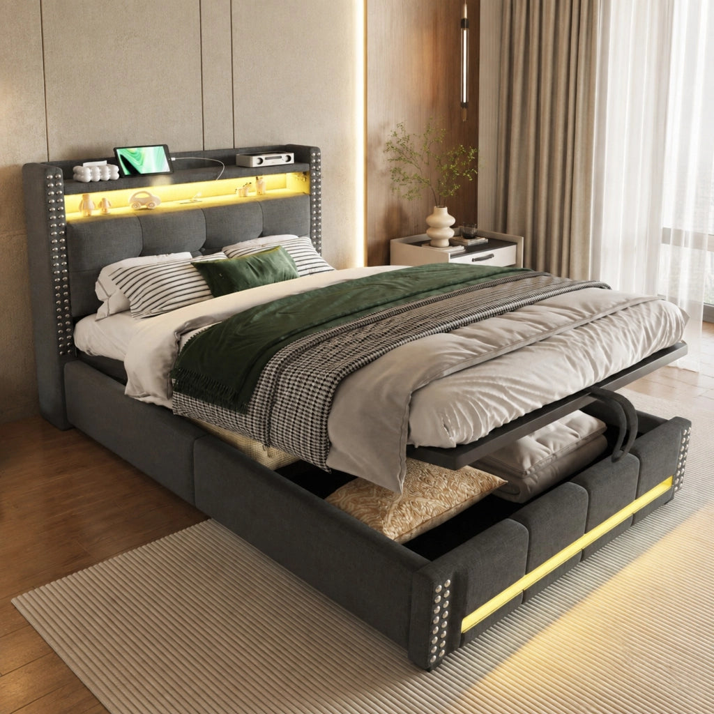 LETTO imbottito con LED, USB e contenitore 90x200 cm grigio