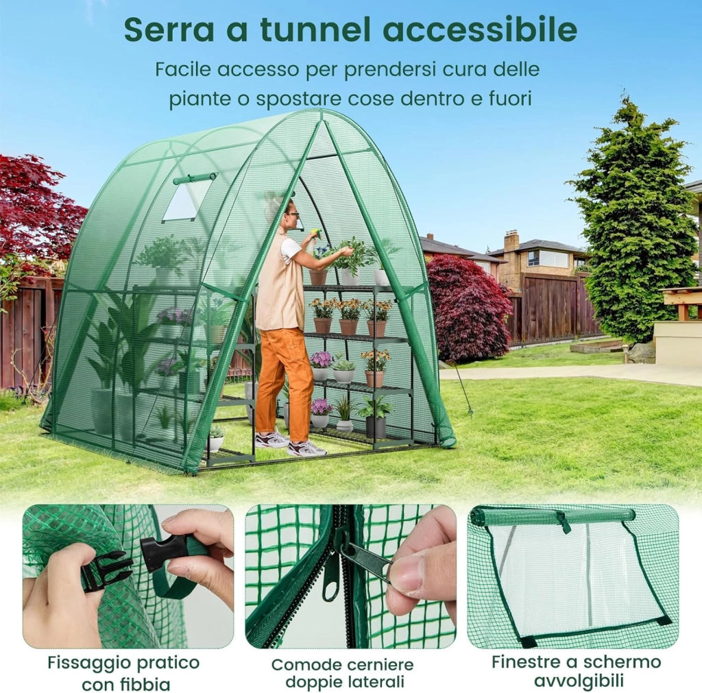 Serra da Giardino 181 x 181 x 200 CM, Serra a Tunnel da Esterno con 2 Porte con Zip, 2 Finestre, Copertura in PE Impermeabile e Tasche Laterali, Serra Invernale per Giardino (Verde)