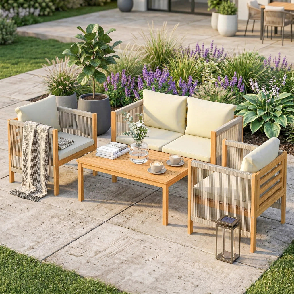Set Divano Giardino 4 Pezzi ¨C Xylo ¨C Legno Acacia Massello Cuscini Corda Naturale