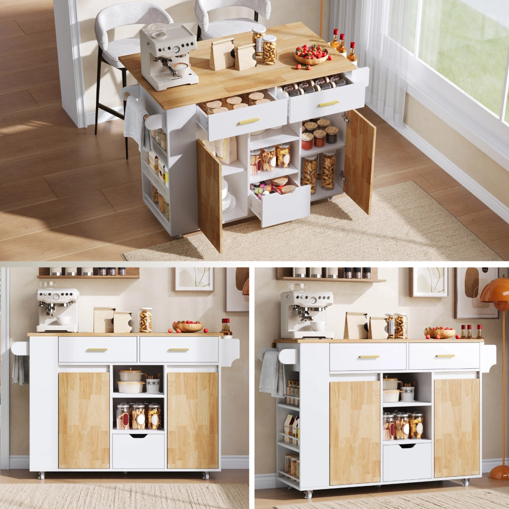 Carrello da cucina con 3 cassetti; piano ribaltabile; ripiani laterali e ruote con freno per cucina