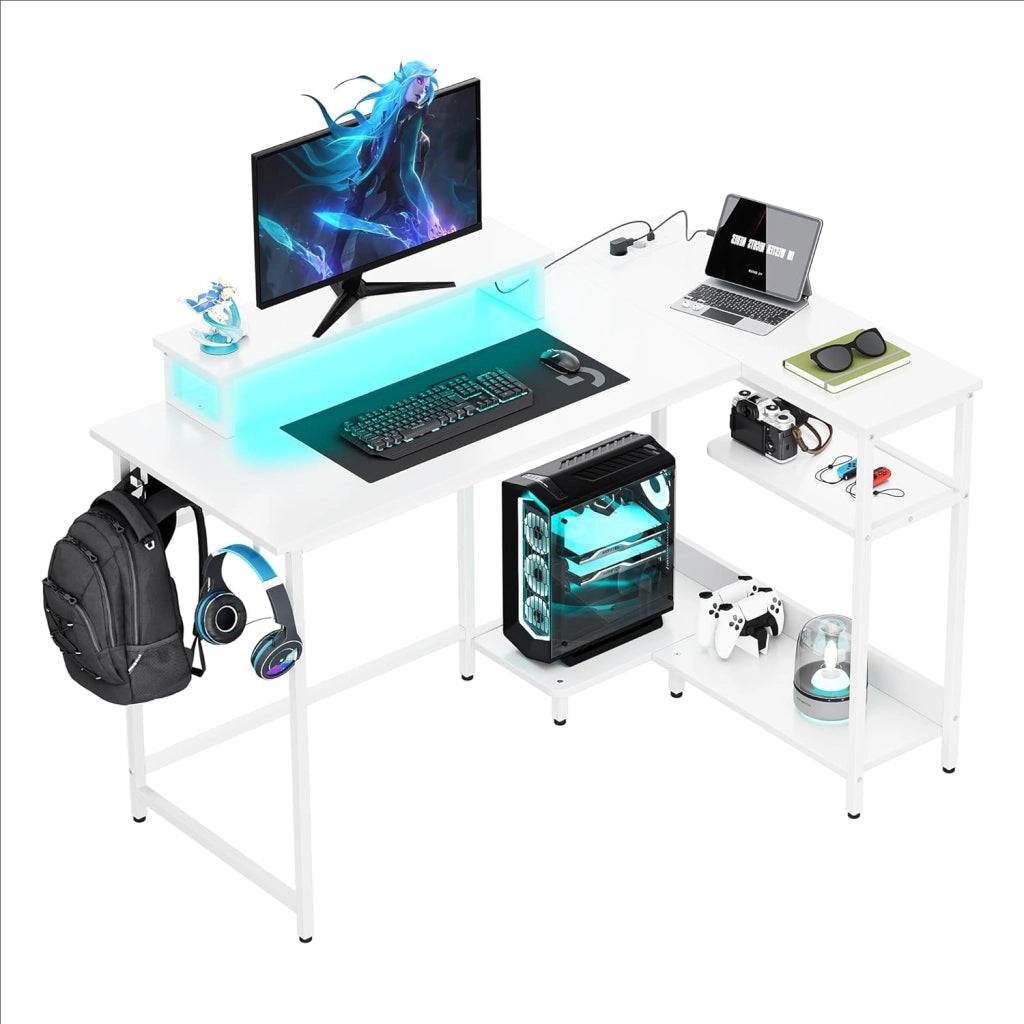 Scrivania Angolare Gaming con LED RGB ¨C Zephmum ¨C 122x80 cm Bianco Rovere