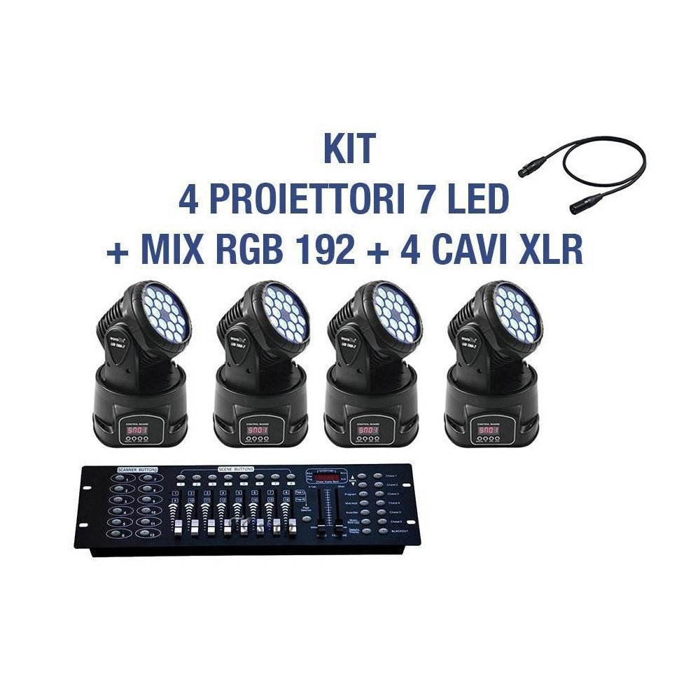 Trade Shop - Kit Proiettore Led Rgb Testa Mobile Rotante 7 Led Dmx + Mixer Dmx Rgb 192 -      -4 Pezzi -