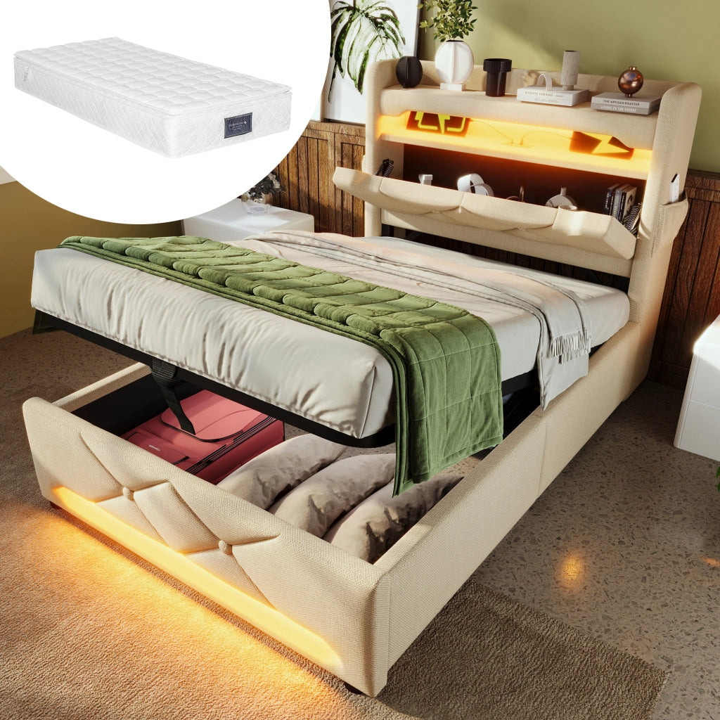 letto imbottito lino beige 90 x 200 cm