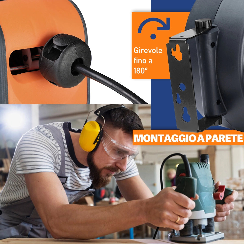 Avvolgicavo Elettrico IP20 10 Metri Rotante a 180° con Multipresa a 3 Teste e Guanti Nero e Arancione