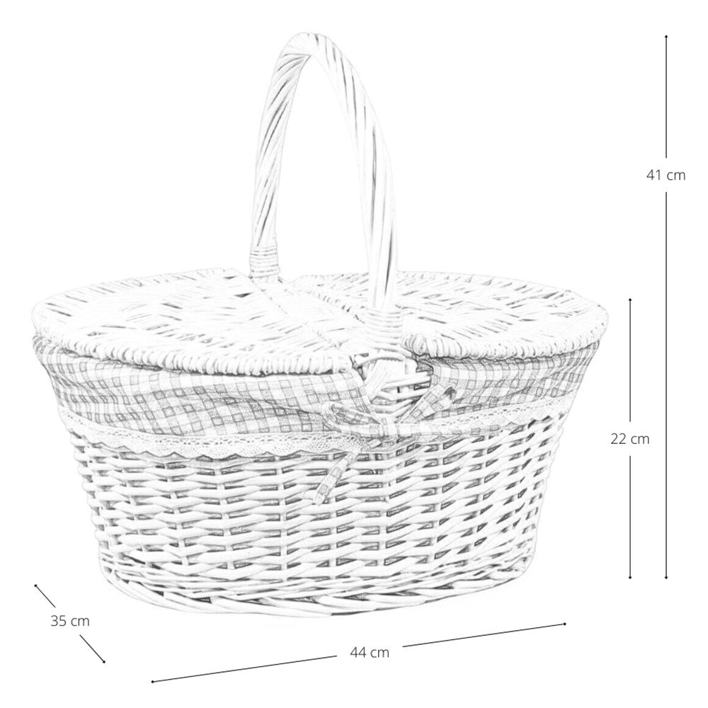 Cesto Picnic bianco shabby in Vimini e Stoffa a quadretti cm 44 x 35 x h 22