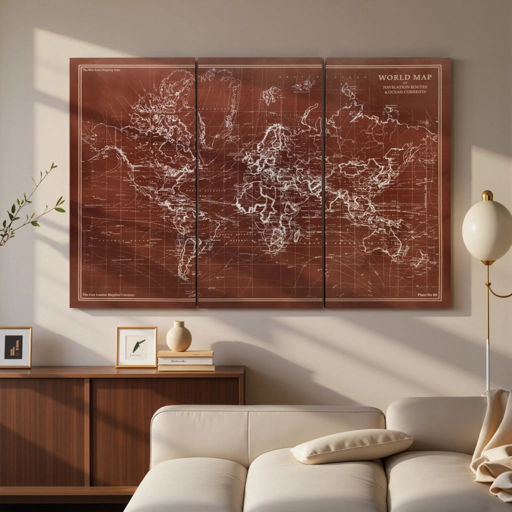 Quadro Triptico Mappamondo Vintage ¨C Zephmum ¨C 120x60 cm Marrone Legno