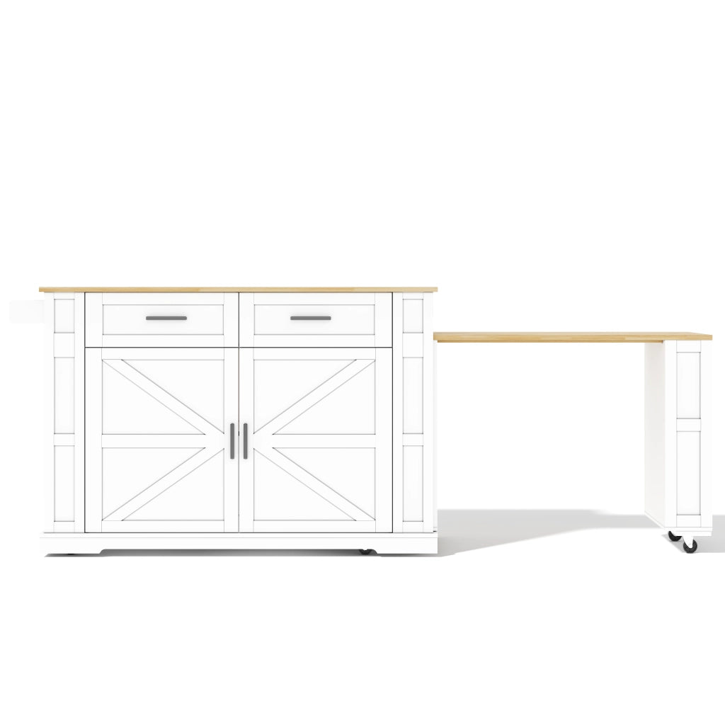 Carrello da cucina con 2 cassetti; doppia anta; ripiano regolabile; prese e porta asciugamani; in MDF; bianco e rovere