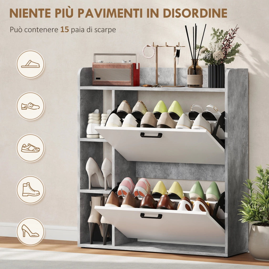 Scarpiera Slim Salvaspazio ¨C Xylo ¨C 2 Cassetti Ribaltabili 3 Ripiani Aperti Grigio 83x24x90.5cm