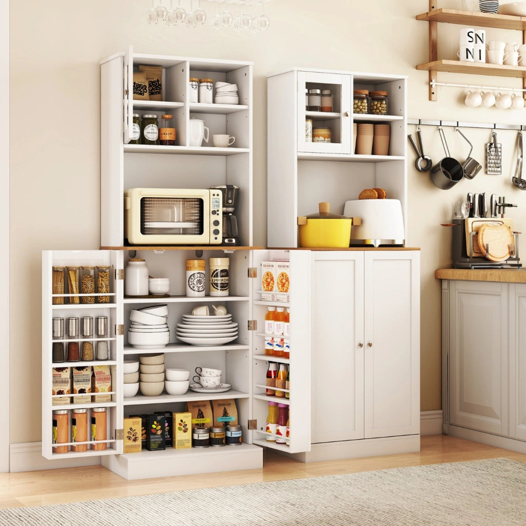 Mobile alto 170 cm con ripiano per microonde 8 ripiani porta e 5 ripiani regolabili, Armadio dispensa da cucina per soggiorno Bianco