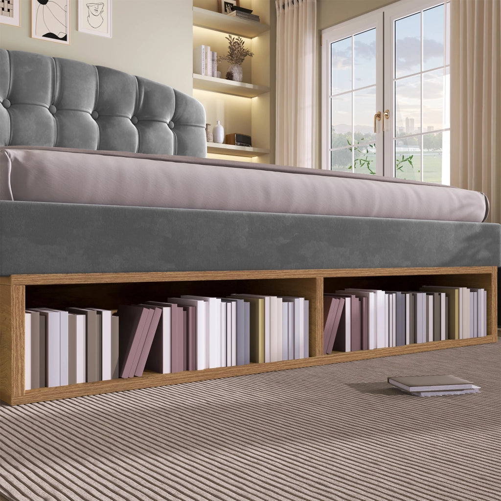 DESMIU Letto imbottito 140 × 190 cm 2 posti con testiera regolabile, vani e cassetti, senza materasso, in velluto grigio
