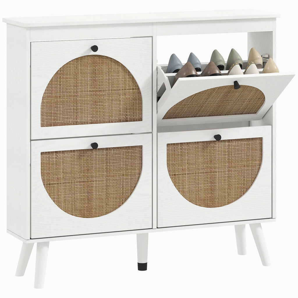 Scarpiera 4 ante 20 paia ripiani regolabile stile bohemien legno massello 105x24x97.5 cm bianco ¨C Minimal