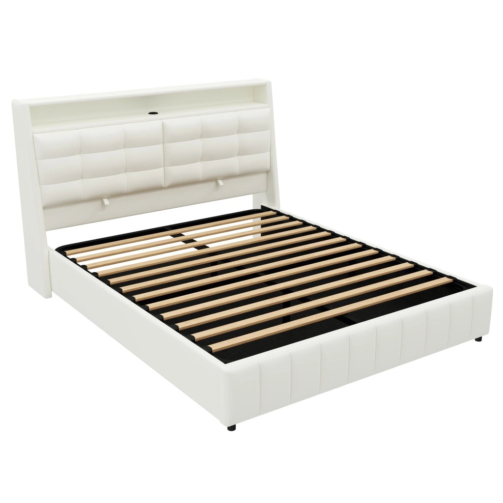 Letto piattaforma imbottito 160x200 cm con LED, USB e contenitore, bianco