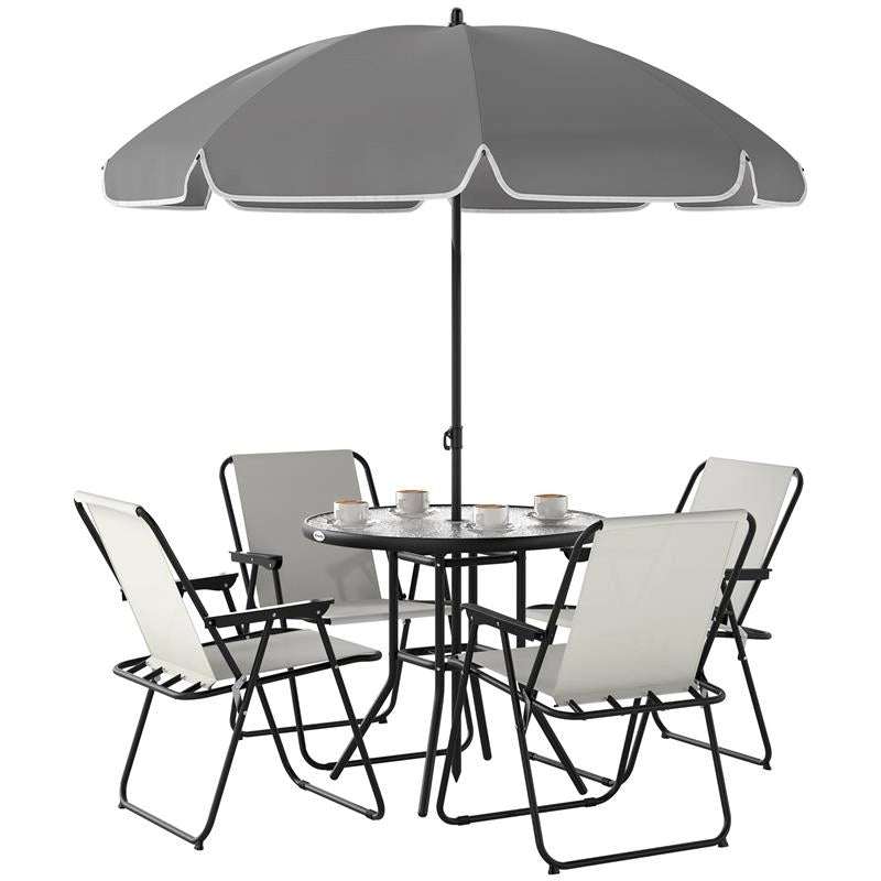 SET DA GIARDINO 6 PEZZI IN ACCIAIO CON 4 SEDIE PIEGHEVOLI OMBRELLONE E TAVOLO ROTONDO CREMA GRIGIO E NERO