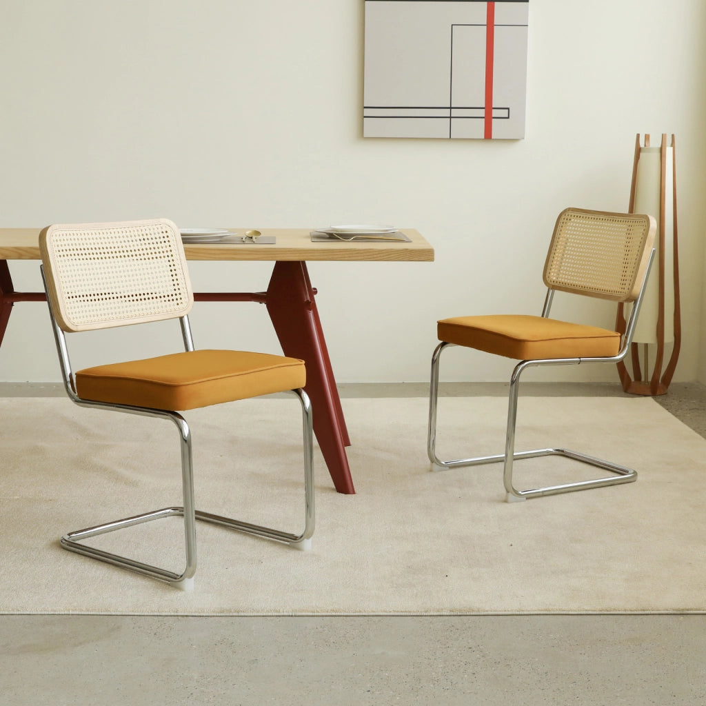 Sedia da pranzo set da 2 - Sedia in velluto e rattan con gambe cromate – Design Mid-Century Modern ispirato a Breuer – Sedia imbottita ideale per soggiorno, cucina e altri ambienti