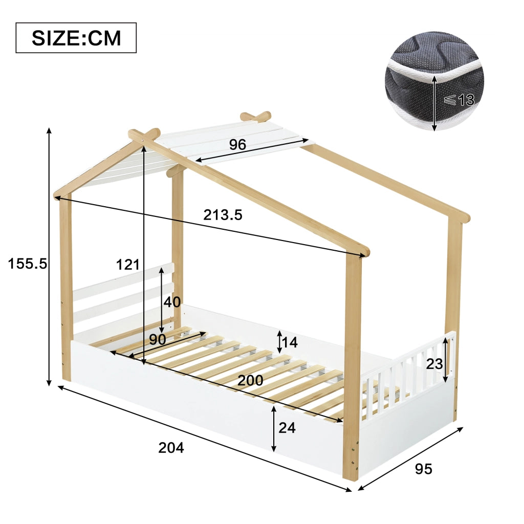 Letto per bambini a forma di casetta 90x200 cm, legno bianco e naturale, con reti a doghe stabili, struttura in pino, truciolare e MDF