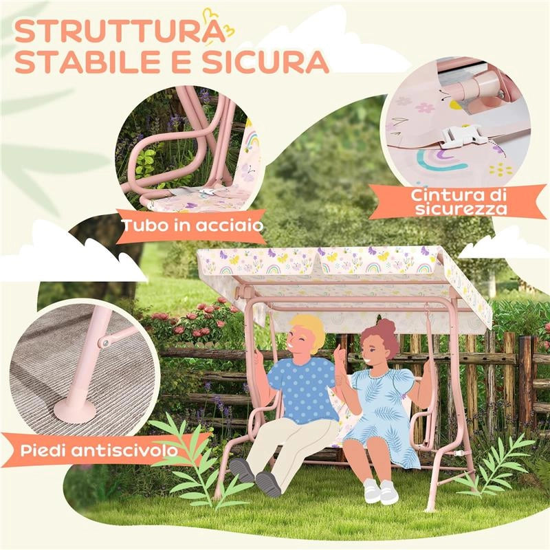 DONDOLO PER BAMBINI DA ESTERNO A 2 POSTI CON TETTUCCIO REGOLABILE E CINTURE DI SICUREZZA 112X75X120 CM ROSA