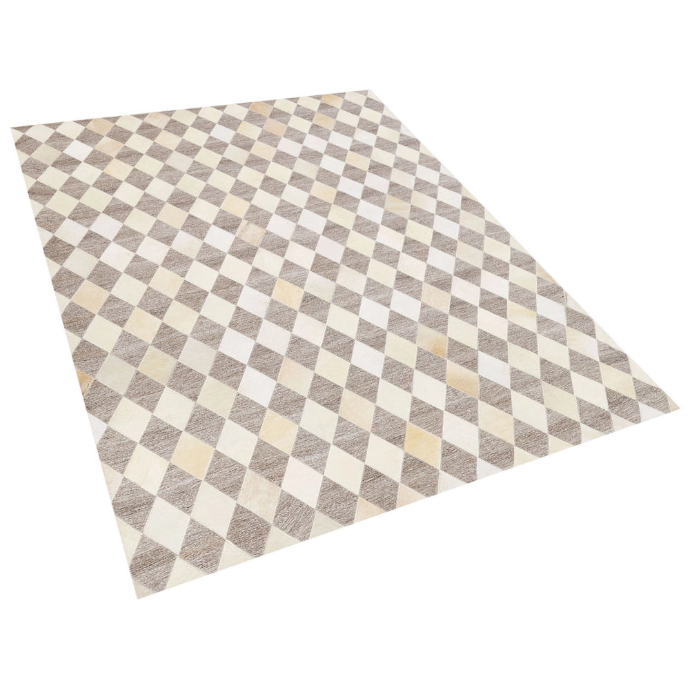 Tappeto tappetino Pelle di vacchetta jacquard marrone e beige Motivo geometrico a rombi Retro 160 x 230 cm