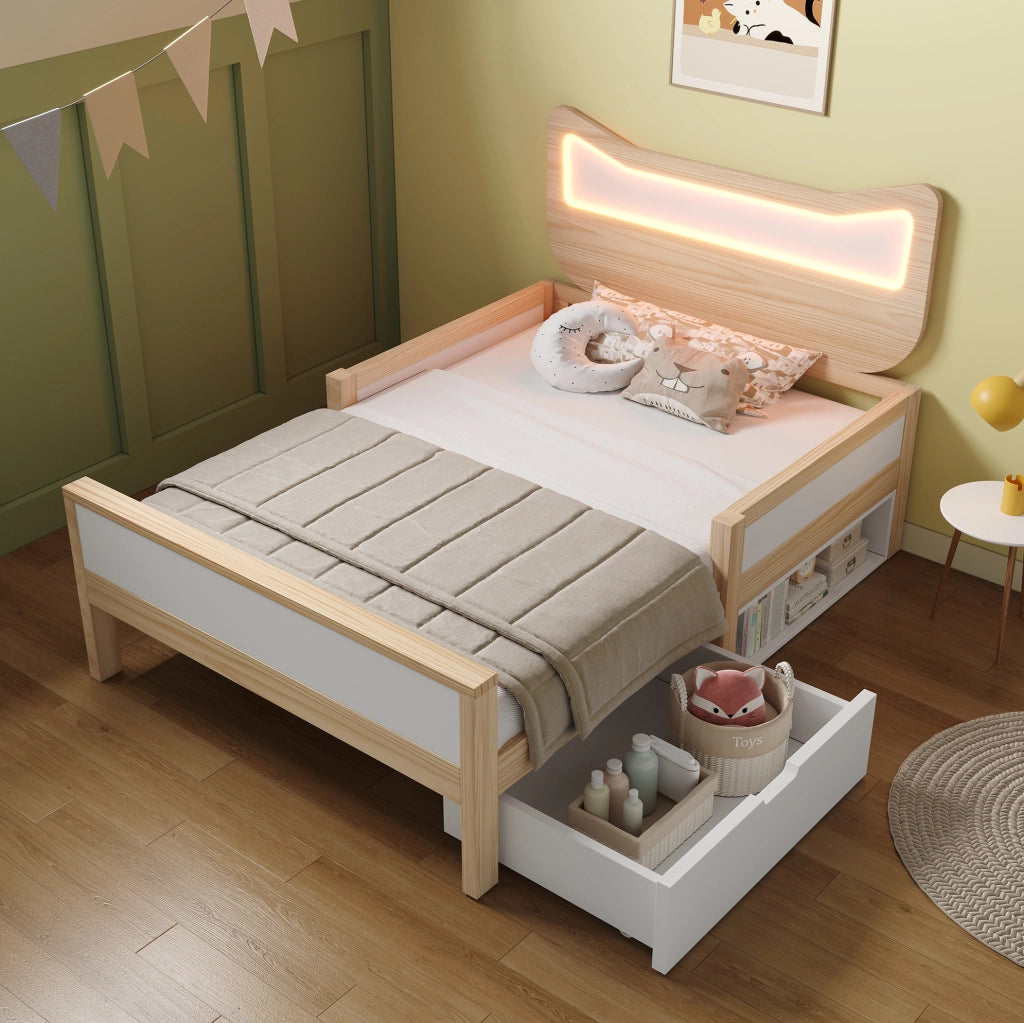 Letto per bambini con testiera a forma di gatto, LED RGB e contenitore