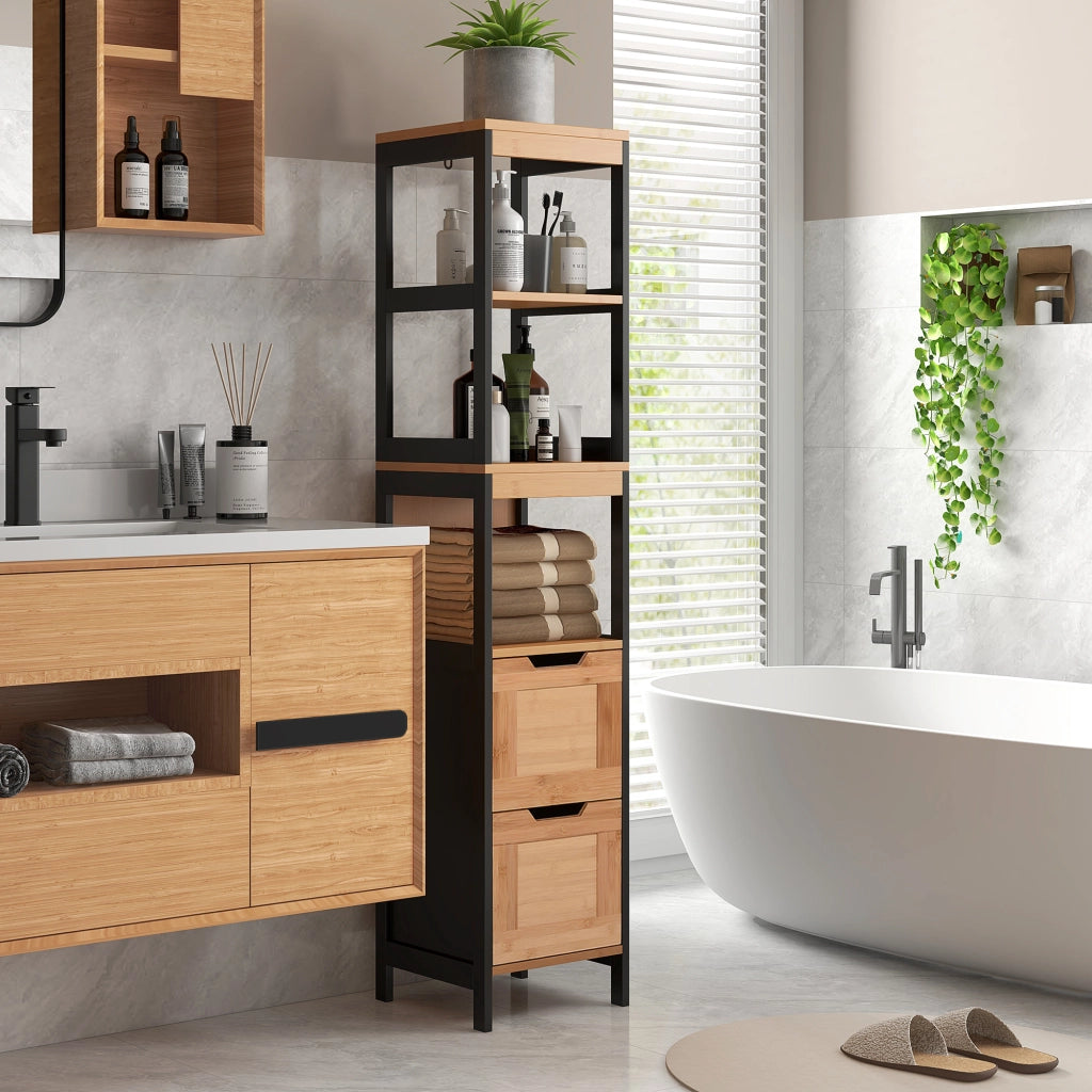 Armadio Bagno Alto con Ripiani e Cassetti ¨C Minimal ¨C 30x30x144 cm Nero e Naturale