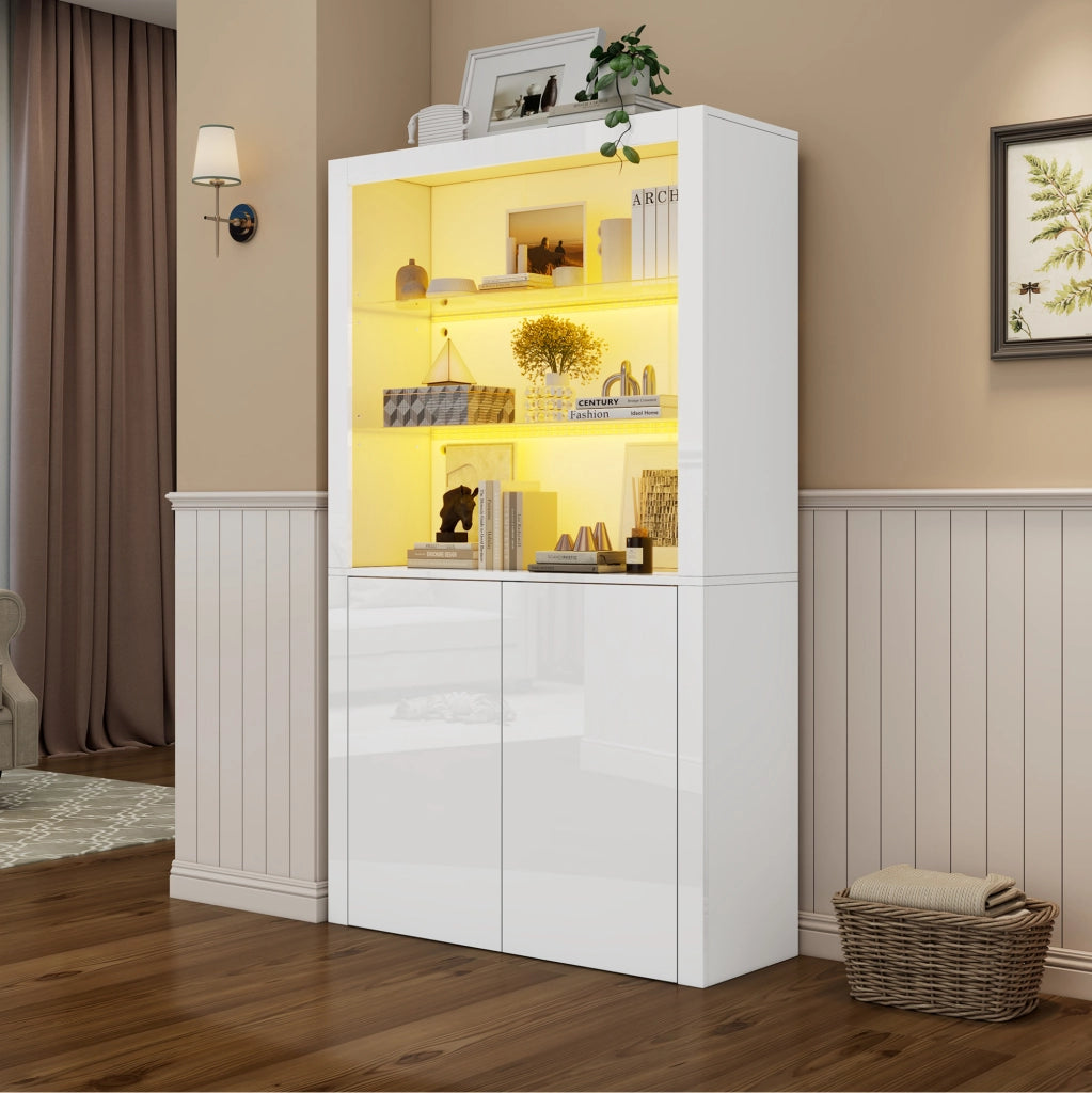 Vetrina 100x35x170 cm con LED e ripiani in vetro temperato; MDF bianco