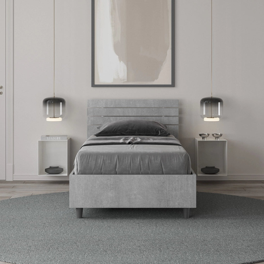 Letto Singolo 80x190 cm con Rete e Contenitore Ankel Testata Doghe Inclinata Cemento