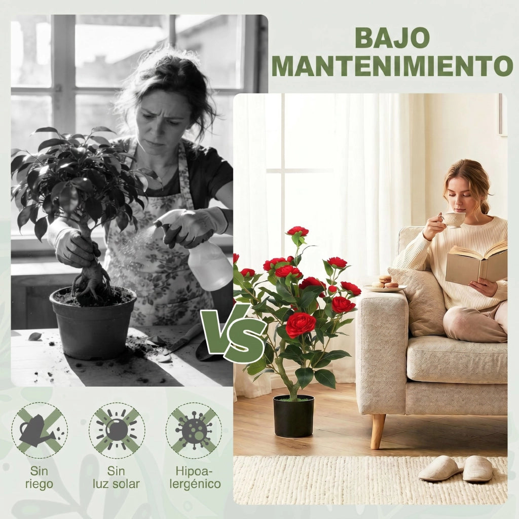 Planta Artificiale Camelia in Vaso con Fiori ¨C Minimal ¨C 65 cm, Effetto Muschio Rosso