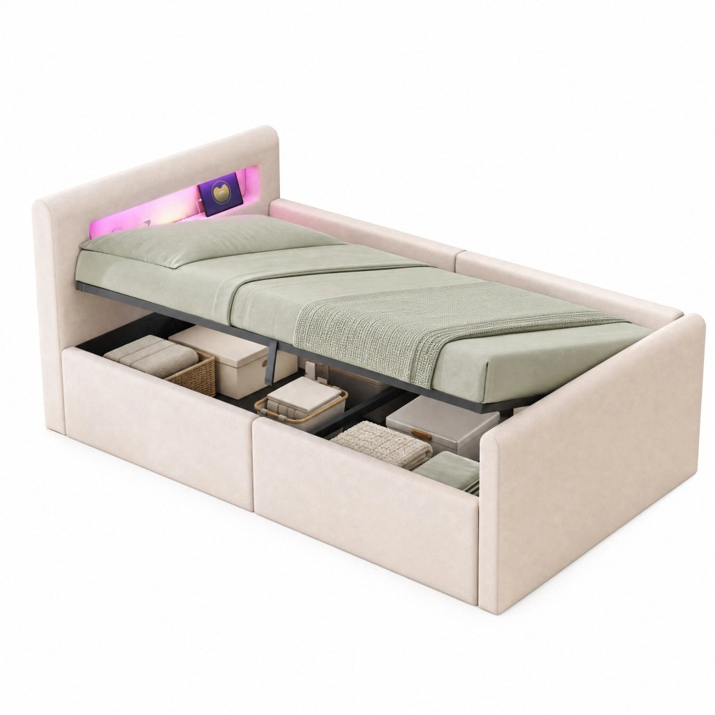 Letto imbottito per bambini 90x200 cm con LED, USB e vano contenitore