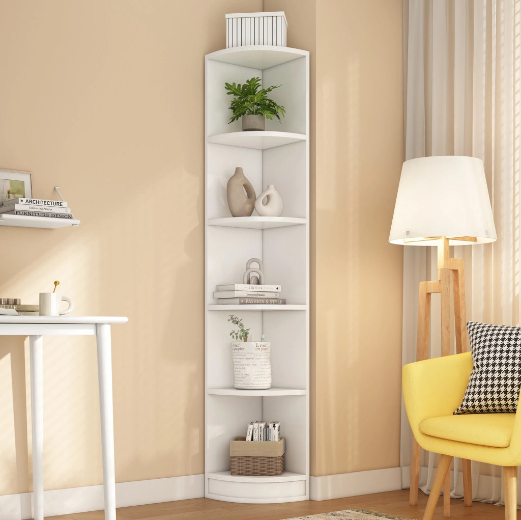 Libreria angolare 42x30x180 cm a 5 ripiani salvaspazio in MDF bianco