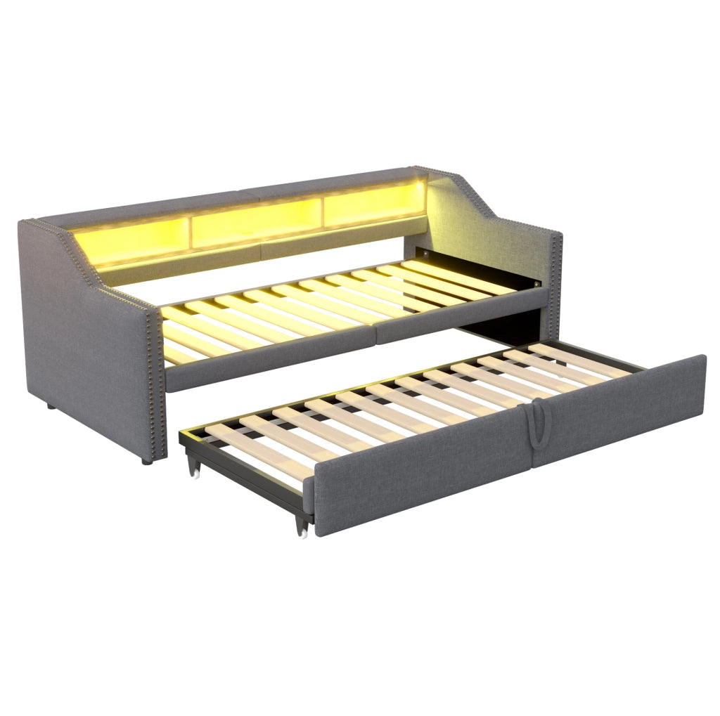 Divano letto imbottito estraibile 90/180 x 200 cm in tessuto grigio scuro con USB e LED