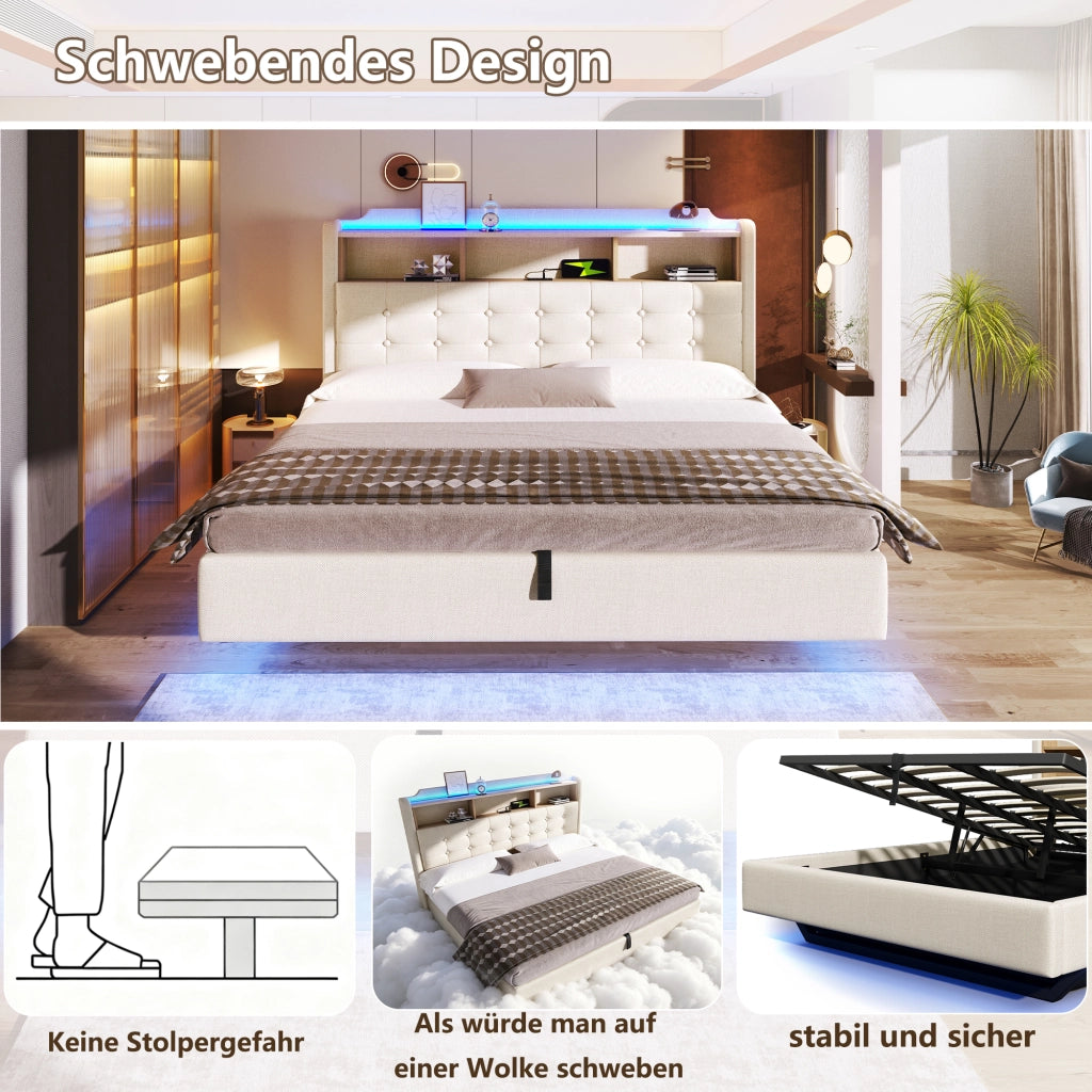 DESMIU Letto contenitore 180 × 200 cm 2 posti con LED, USB, Type-C, senza materasso, beige