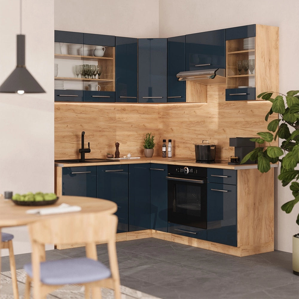 Cucina ad angolo Fame-Line Blu scuro lucido/Rovere dorato 190 x 160 cm, PL Marmo Vicco