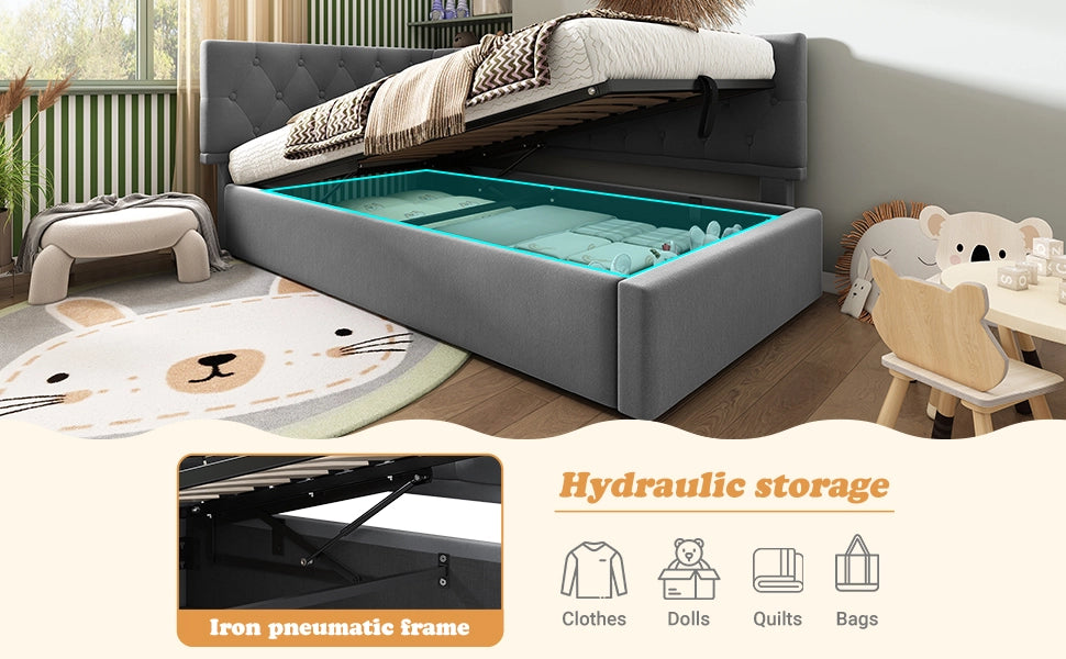 DESMIU Divano letto 90 × 190 cm 1 posto con contenitore idraulico e testiera reversibile, senza materasso, in velluto, grigio