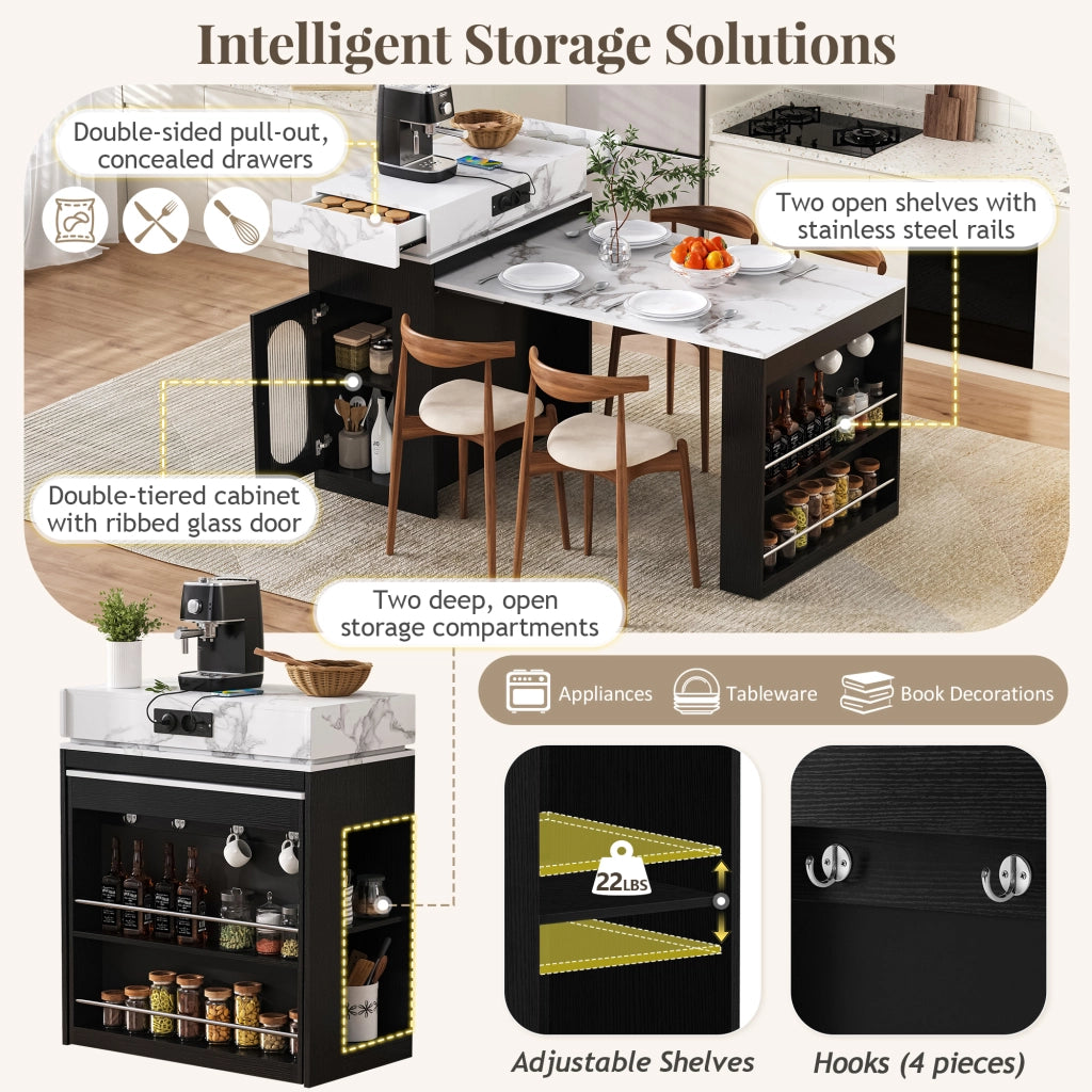 Isola da Cucina con 1 Cassetto; 1 Anta in Vetro; Piano Ribaltabile e Prese; in MDF e Vetro; Nero