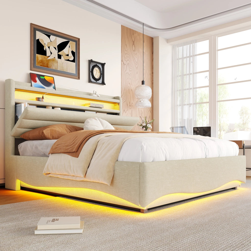 LETTO Contenitore 140x200 cm Lino Beige con LED, USB e Type-C
