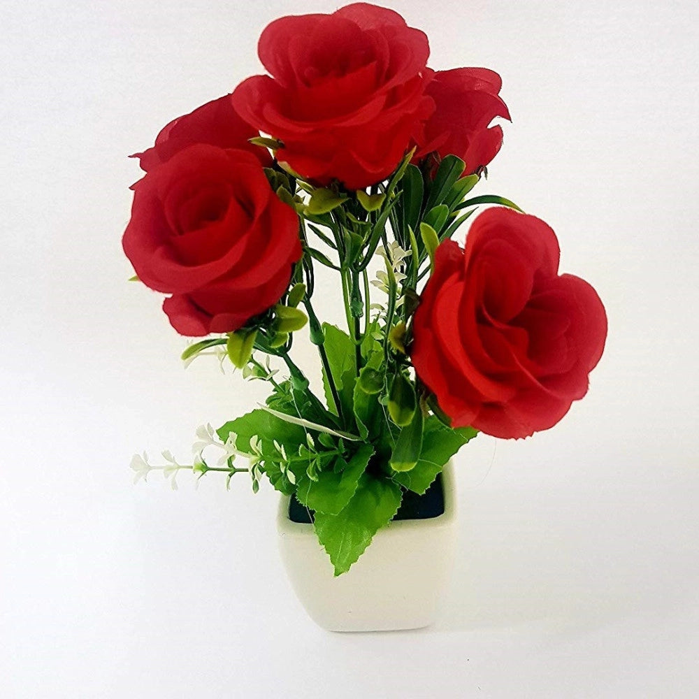 Trade Shop - Pianta Rosa Rosse Vaso Bianco Ceramica H29cm Fiori Decorazioni Casa Ufficio -