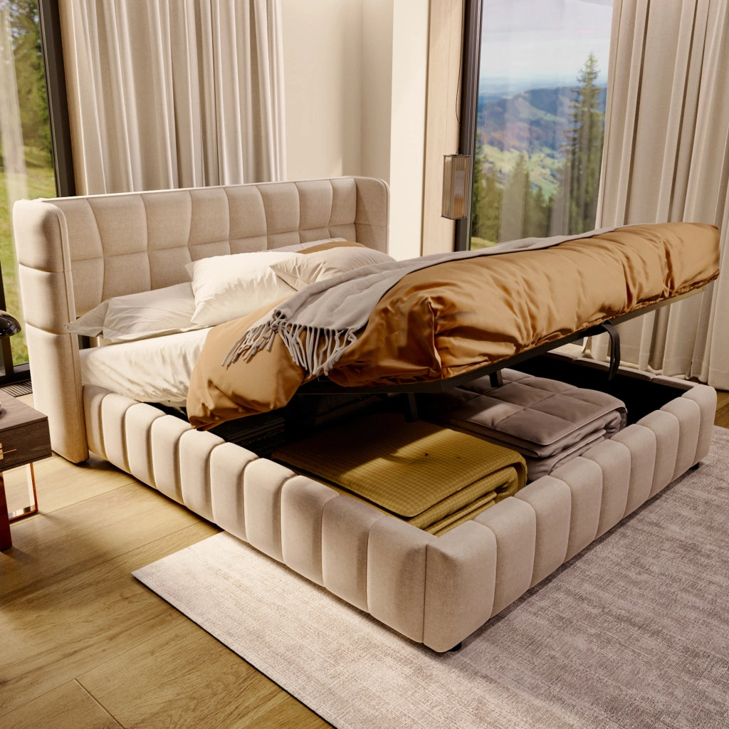 letto imbottito tessuto beige 180 x 200 cm