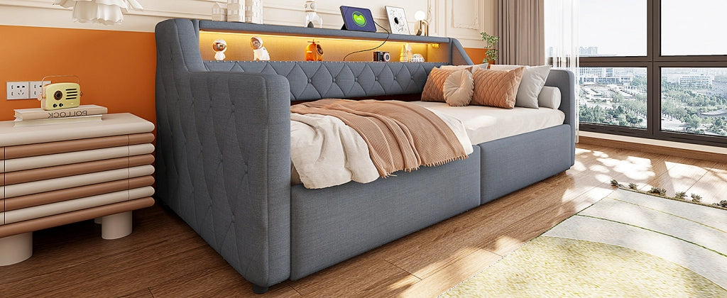 Letto divano 90 × 200 cm con LED, contenitore idraulico, USB e Type-C, senza materasso, grigio