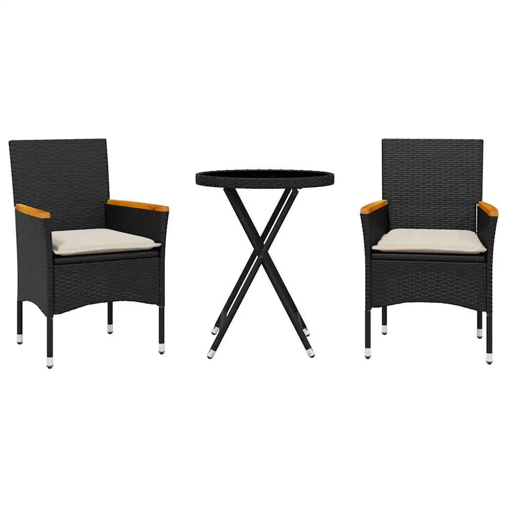 Set da Bistr¨° 3 pz | Set Salotto da Giardino con Cuscini Nero Polyrattan e Vetro